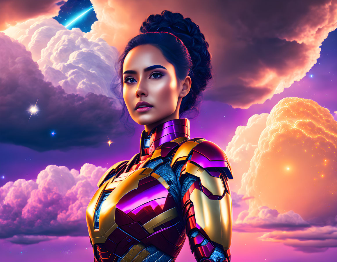 Futuristic armor woman in cosmic sky with stars and nebulous clouds