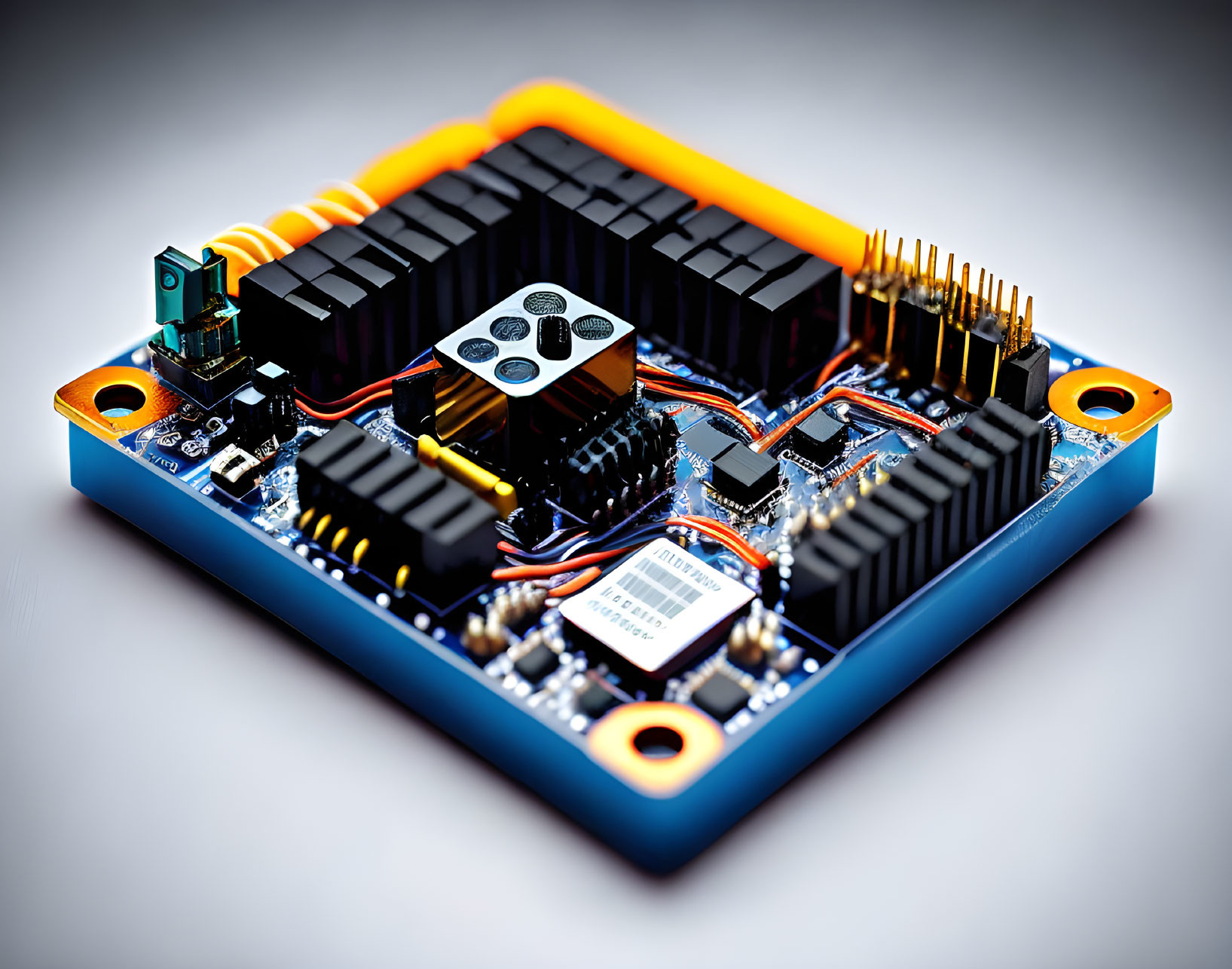 Electronic circuit board with CPU, heat sinks, and components on blurred background