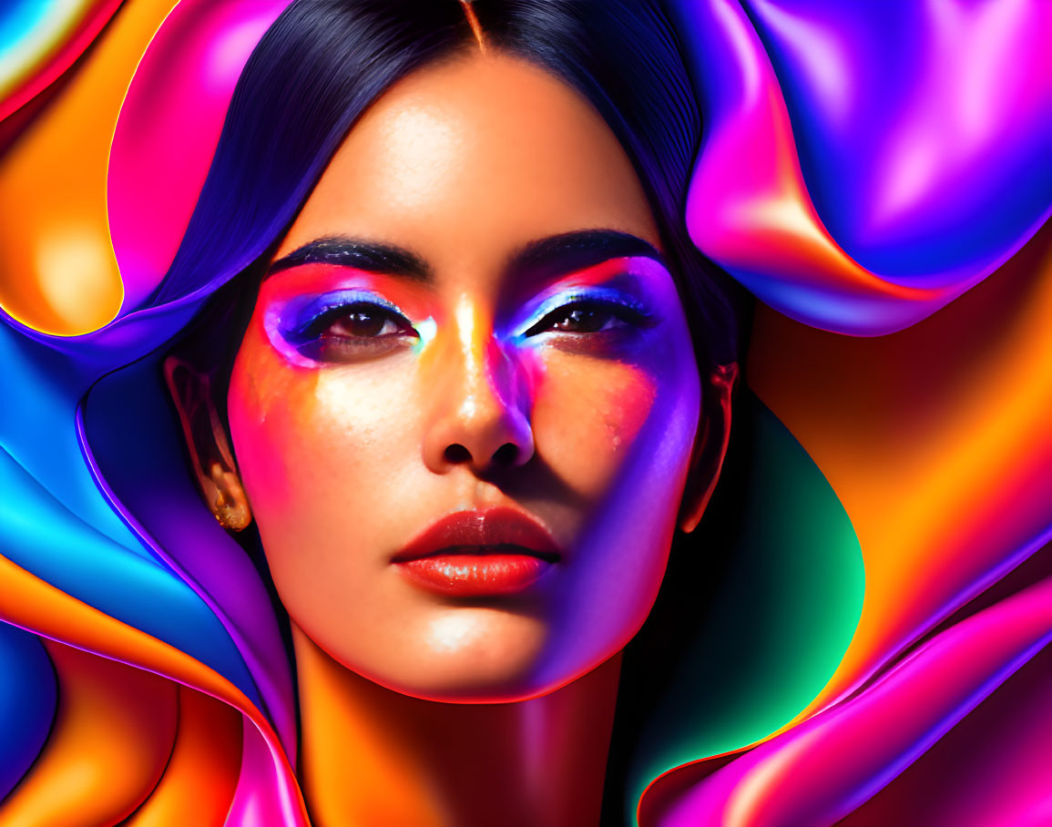 Colorful makeup woman portrait against vibrant background
