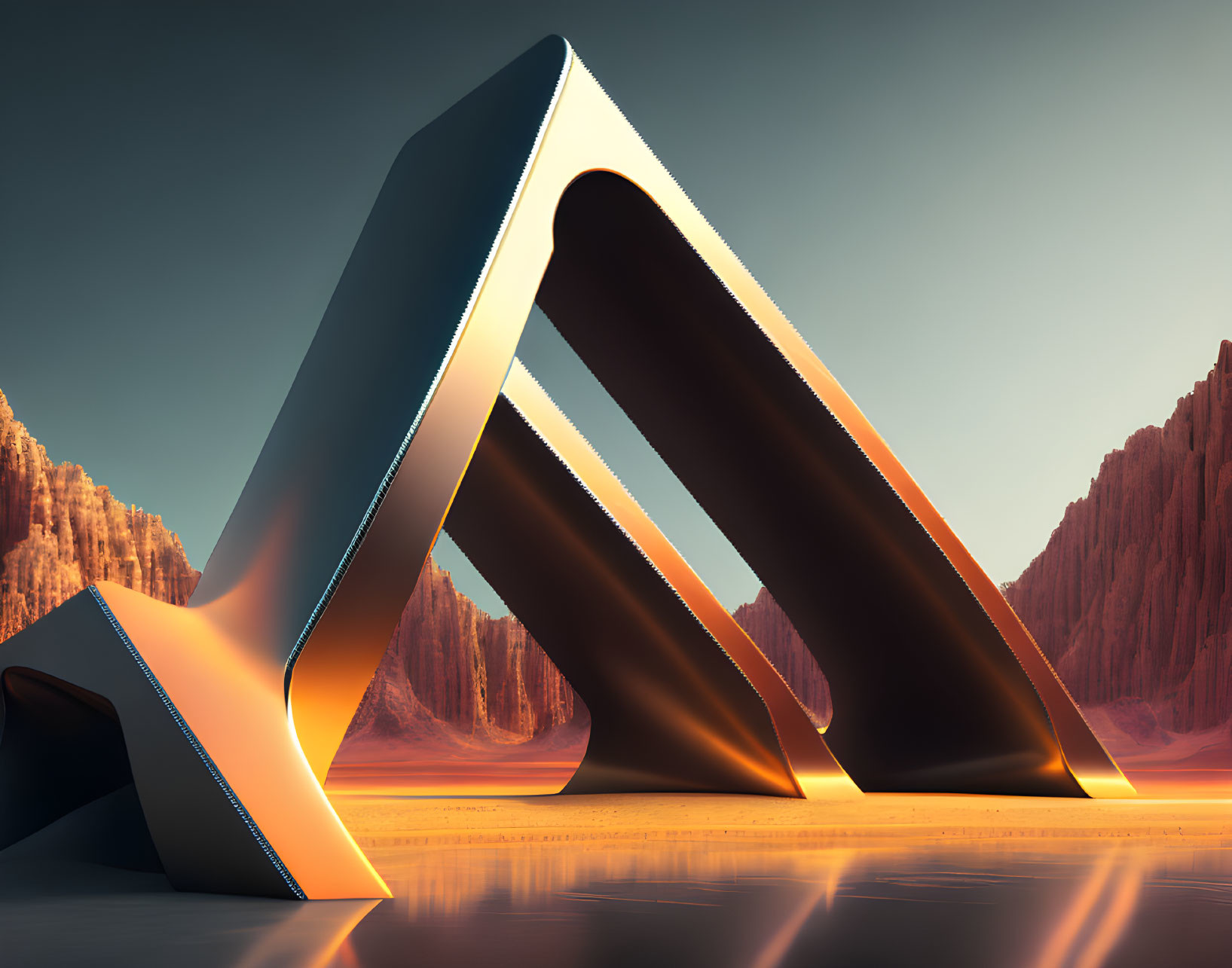 Futuristic metallic "A" structure in desert with cliffs and reflective surface