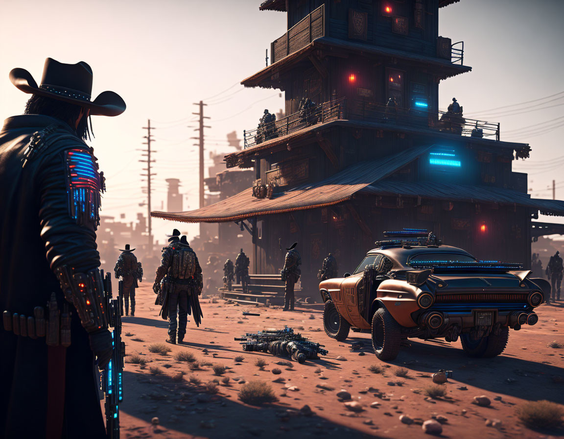 Futuristic Western town with hover car, robots, and cowboys at dusk