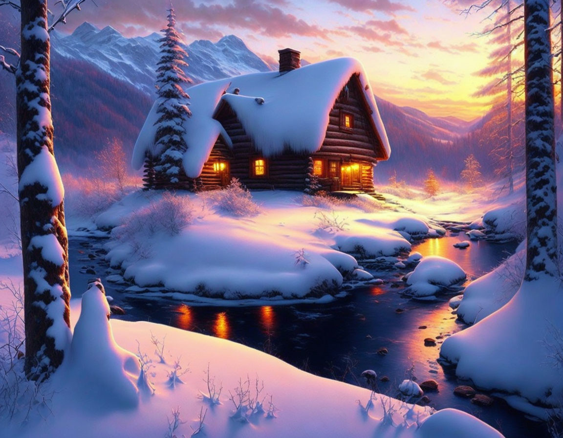 Snowy winter landscape: Cozy log cabin by river at dusk