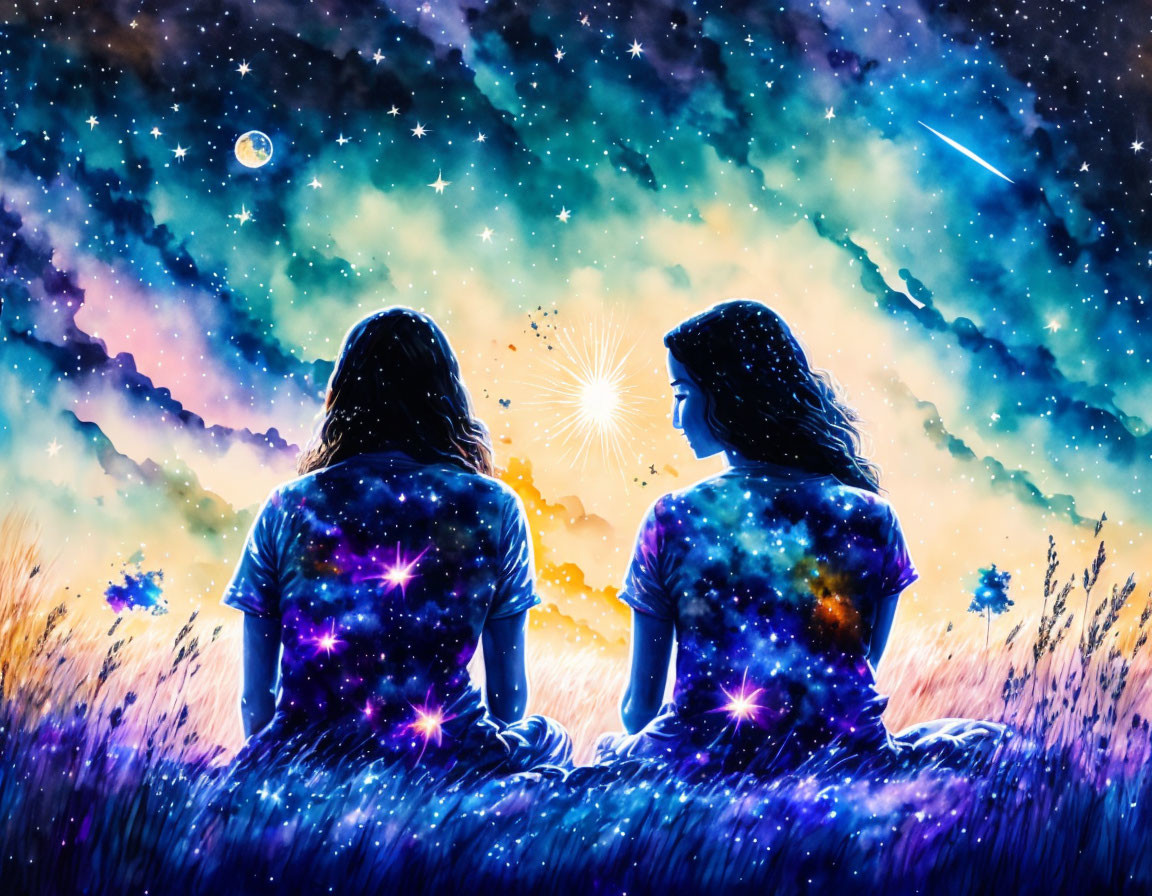 Starry night sky with nebula colors over two people in a field