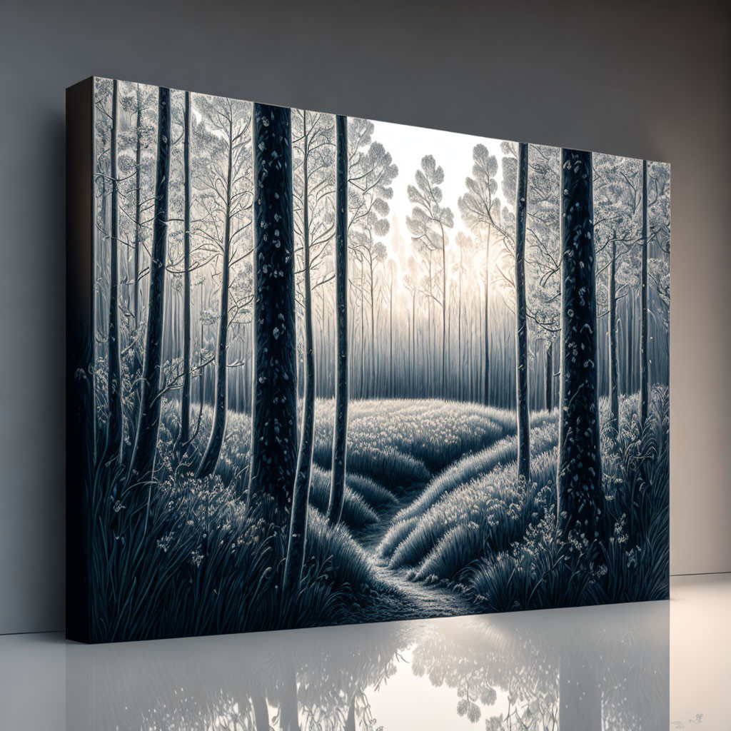 Monochromatic forest scene with tall trees and sunlit clearing