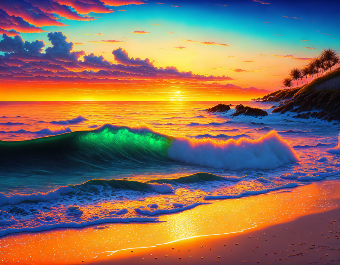 Colorful Beach Sunset with Large Wave Cresting