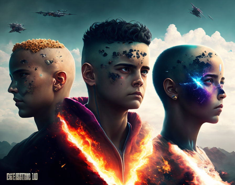 Stylized portraits with fire, earth, and space elements, futuristic aircraft in background