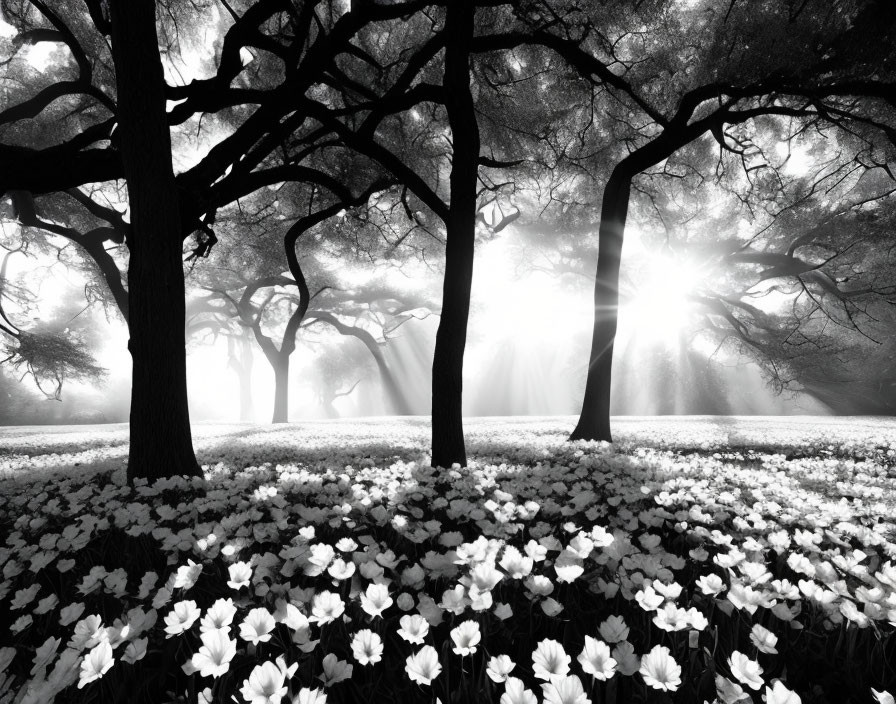 Tranquil black and white forest scene with sunbeams and flowers