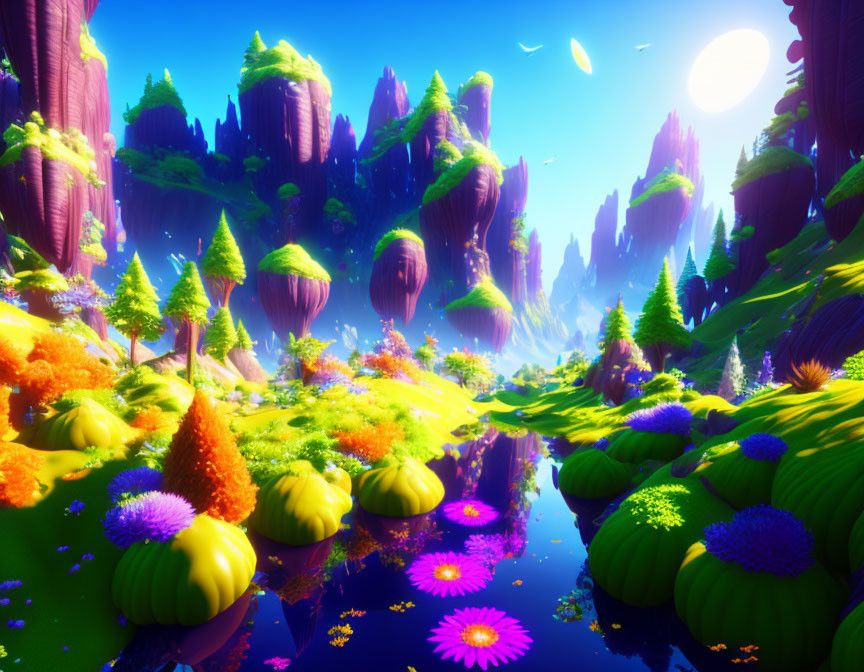 Colorful Fantasy Landscape with Floating Islands and Reflective River