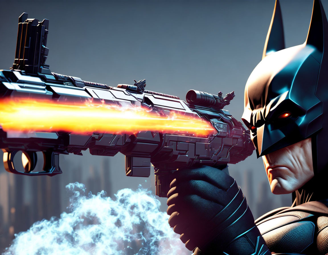 Batman in iconic suit with futuristic gun in fiery city scene