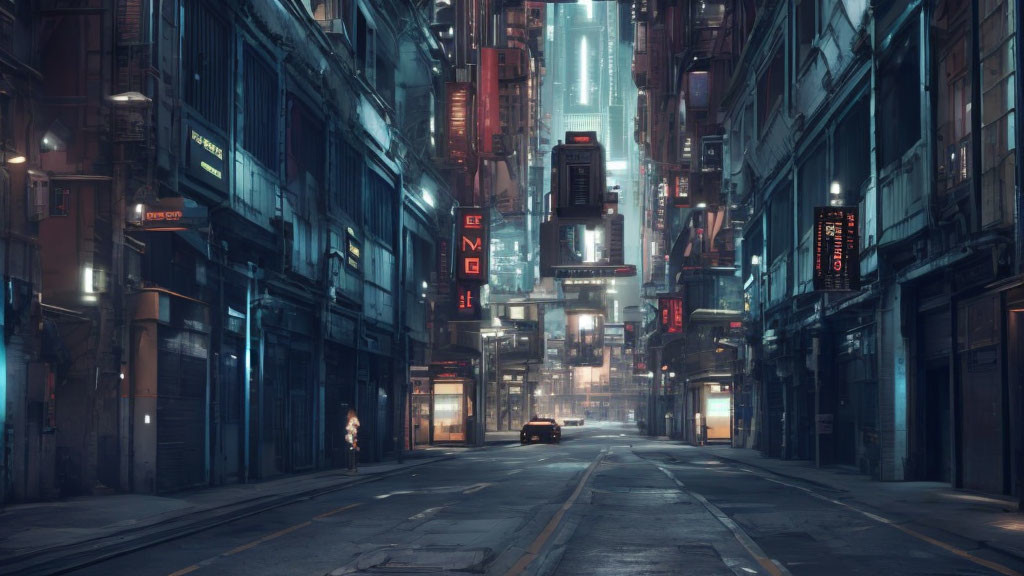 Futuristic urban night scene with illuminated signs and towering buildings