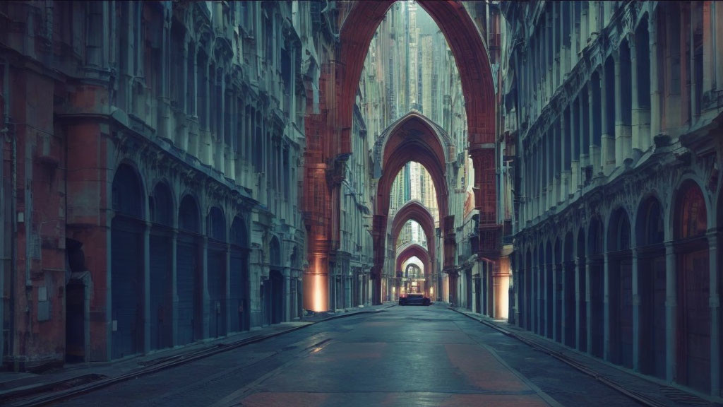 Gothic corridor with vaulted ceilings and arched windows in dim lighting