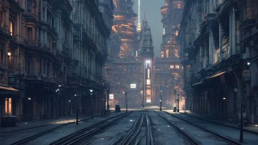 Misty dystopian cityscape at dusk with futuristic architecture on deserted street.