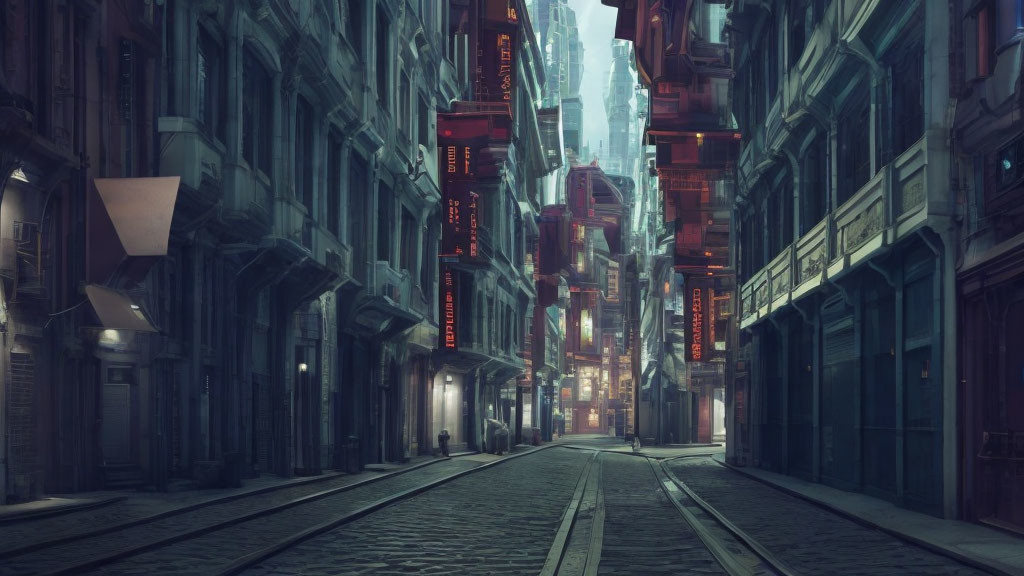 Futuristic city alley with neon signs and towering buildings