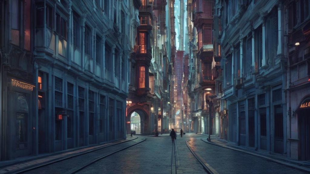 Moody urban alley at dusk with towering buildings and lone figure