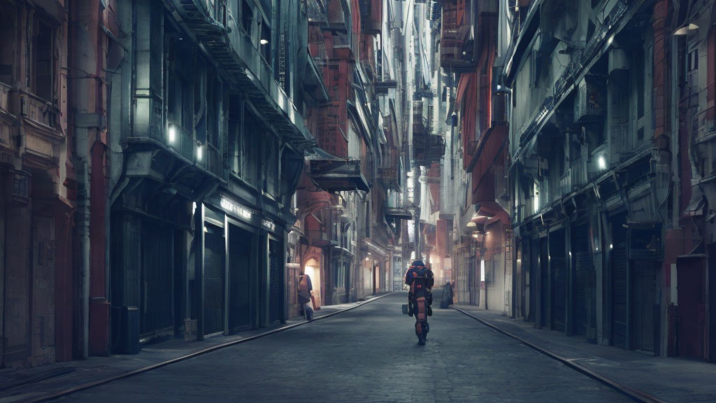 Motorcycle rider navigating narrow, dim urban alleyway