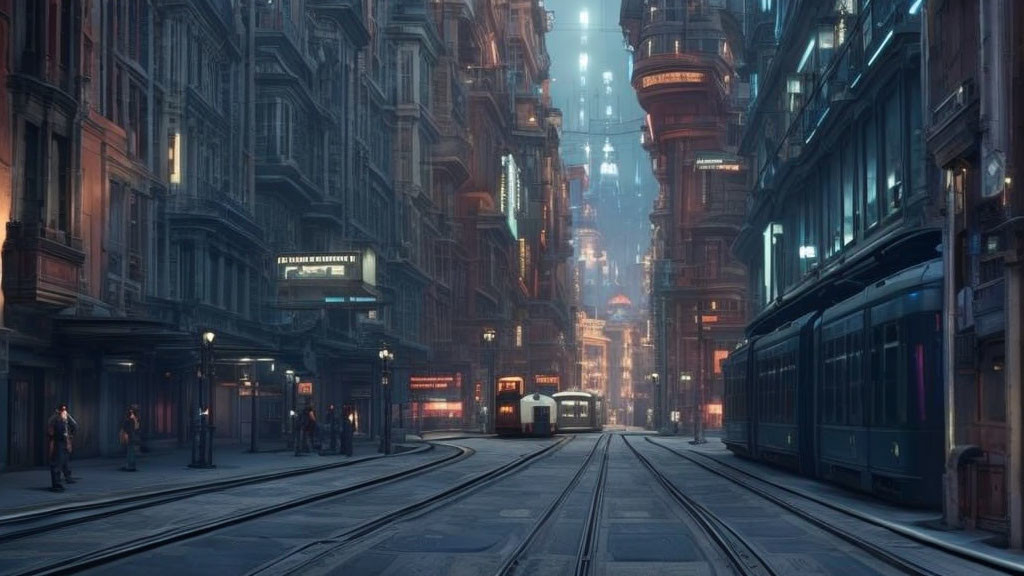 Futuristic city street at dusk with towering buildings, neon signs, tram, and pedestrians