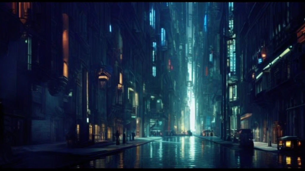 Futuristic city street at night with neon lights