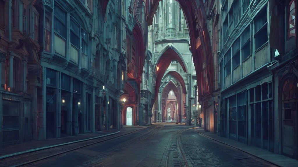 Gothic architectural arches on dimly lit narrow street at dusk