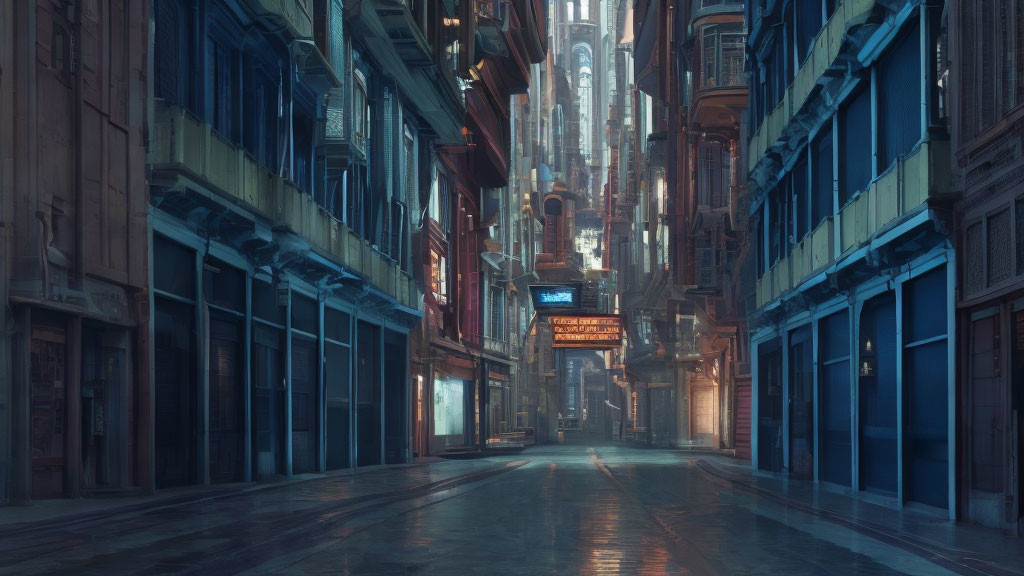 Futuristic city street with neon signs and towering buildings