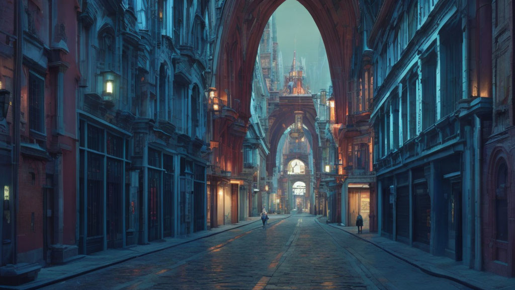 Person walking down neo-gothic street in blue-toned atmosphere