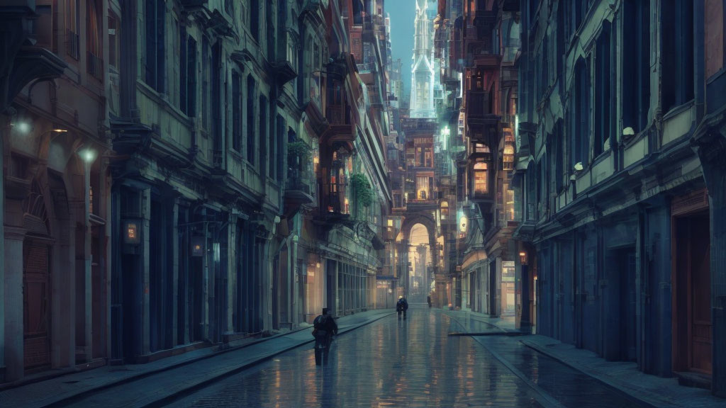 Futuristic city street at dusk with illuminated buildings and figures.