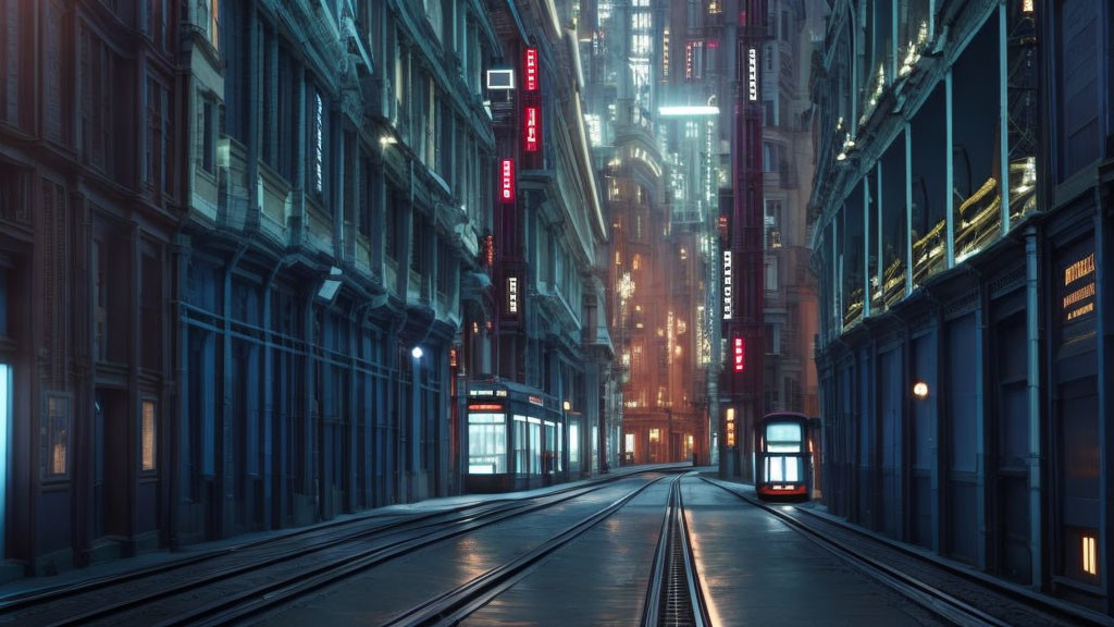 Futuristic cityscape at dusk with towering buildings and illuminated signs