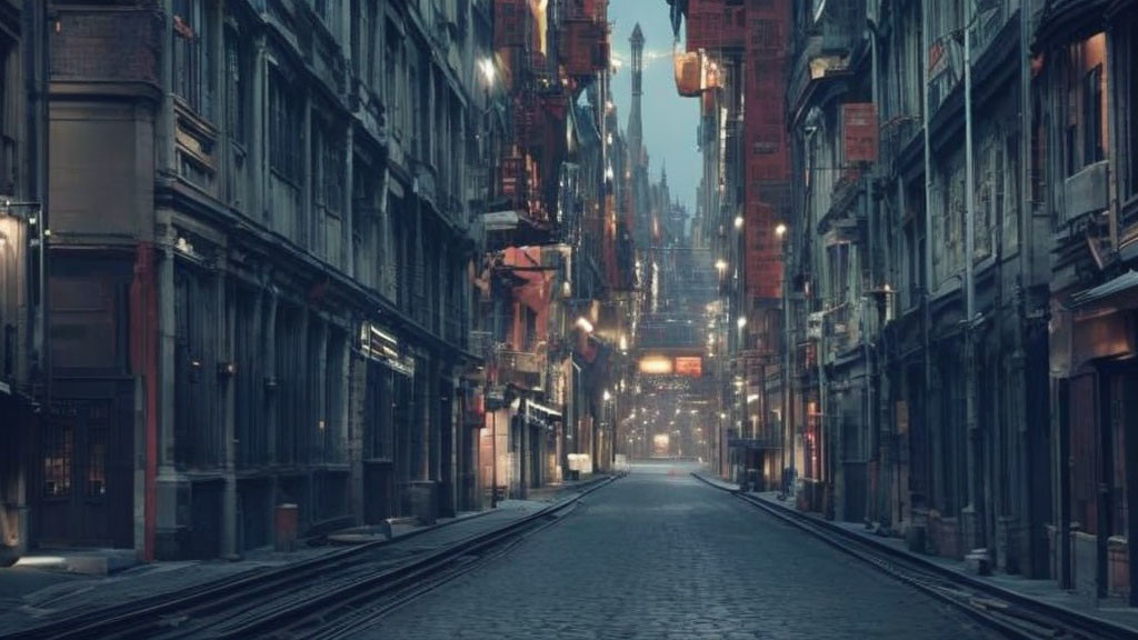 Moody urban alley with vintage architecture and hanging lanterns