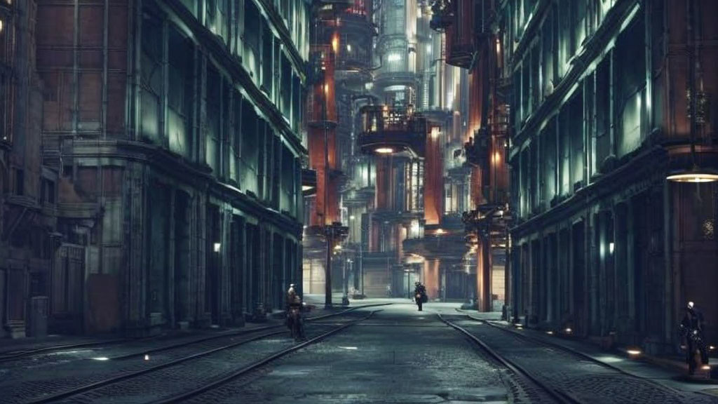Futuristic urban alley with neon lights and towering buildings at night