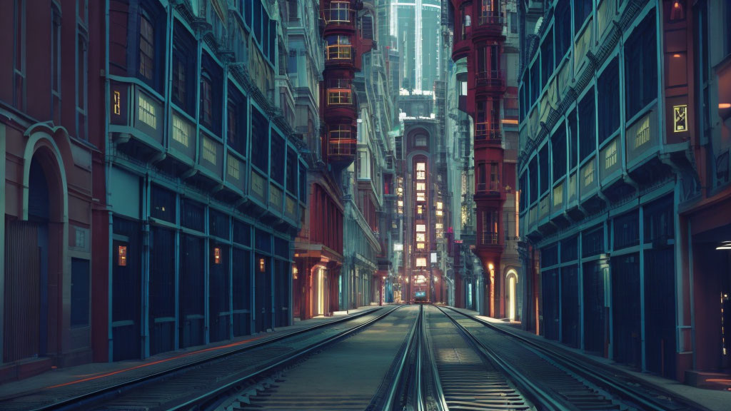 Futuristic cityscape at dusk with red-lit buildings and tram tracks