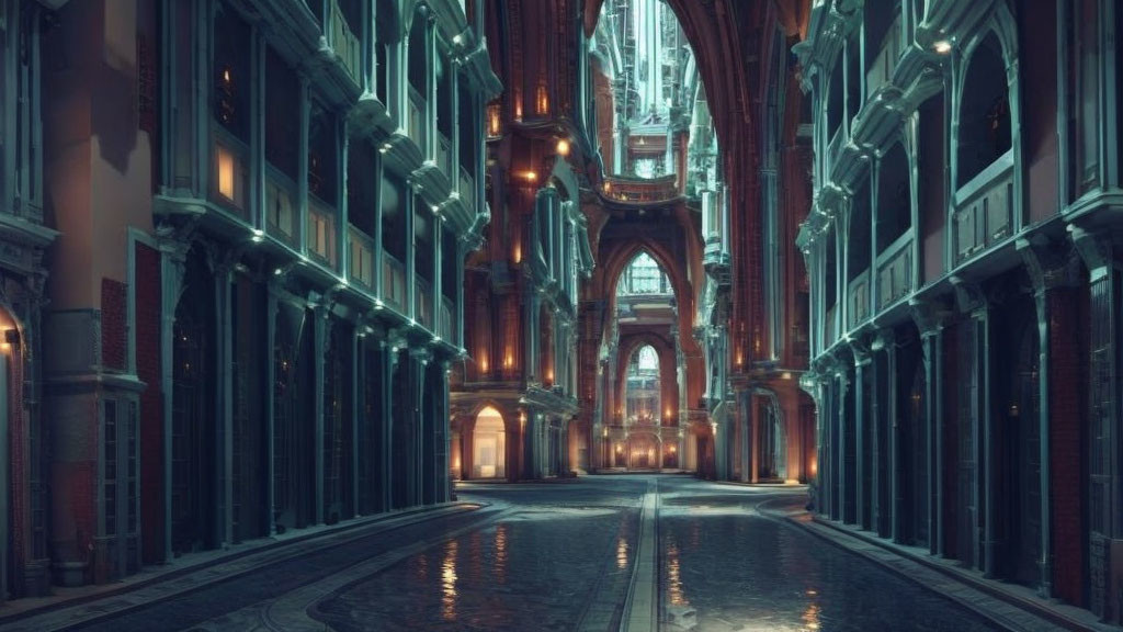 Gothic architecture in ornate hallway with towering columns