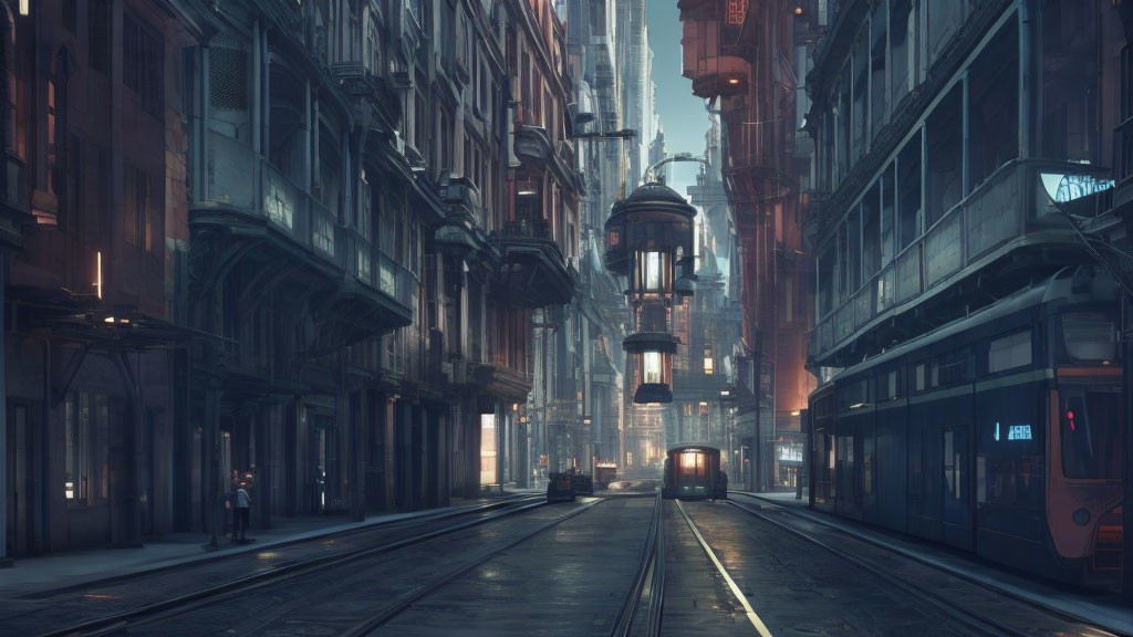 Futuristic cityscape with tall buildings, tram, and ambient lighting