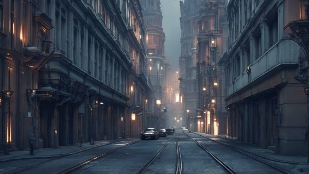 Vintage architecture and tram tracks in misty urban street at dusk or dawn