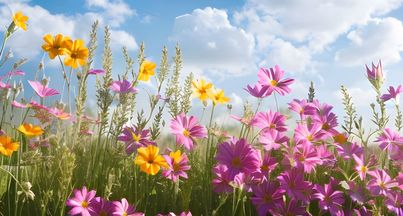 Colorful pink and yellow wildflowers in a field under fluffy clouds