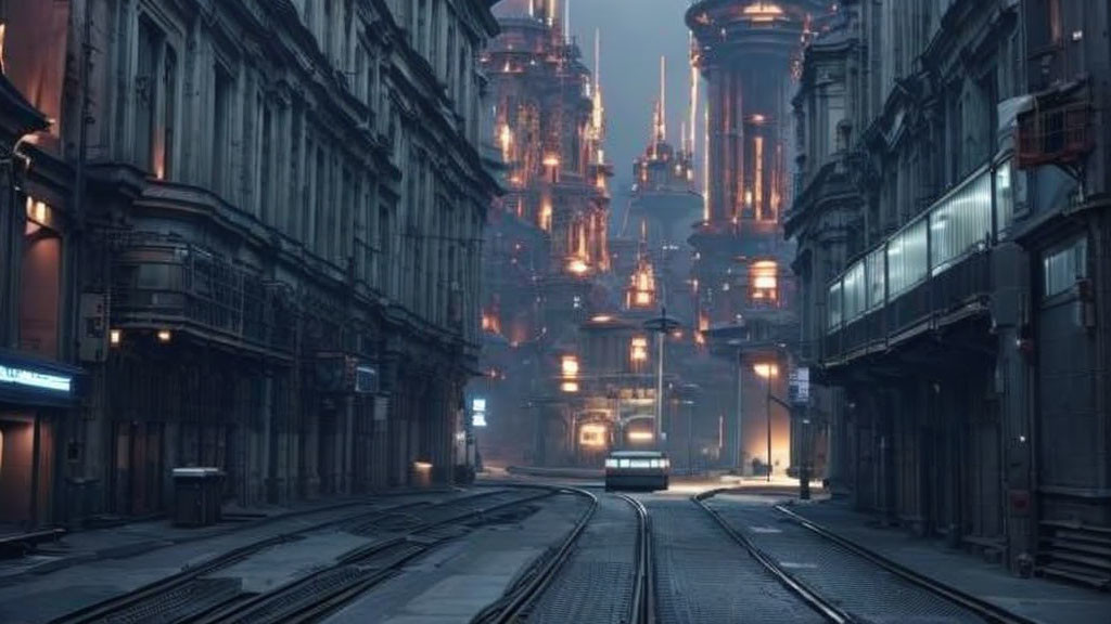Futuristic cityscape at dusk with towering buildings and tram on tracks