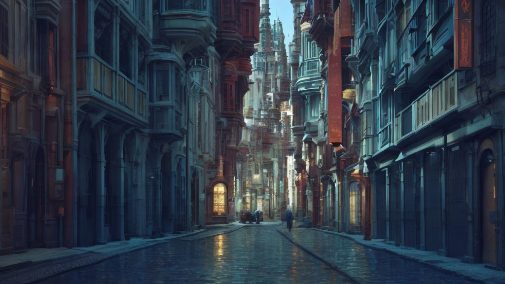 Narrow cobblestone alley flanked by ornate buildings at dusk or dawn