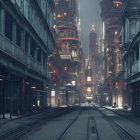 Futuristic city street with towering buildings and tram tracks under a hazy sky