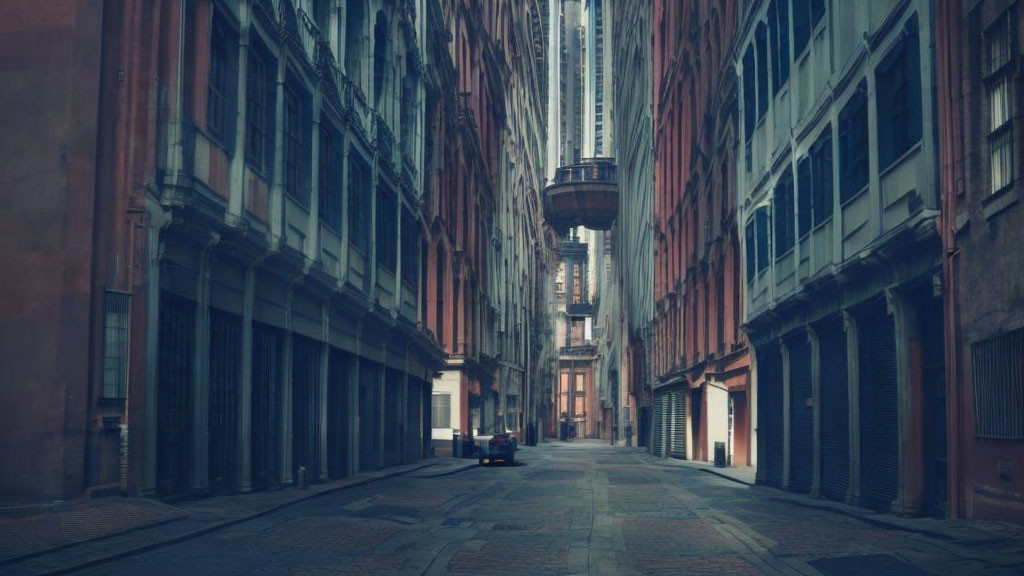 Urban alleyway with tall buildings and vintage elevator structure.