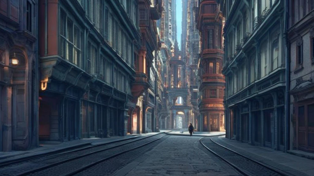 Futuristic city street with elaborate buildings and tram tracks at twilight