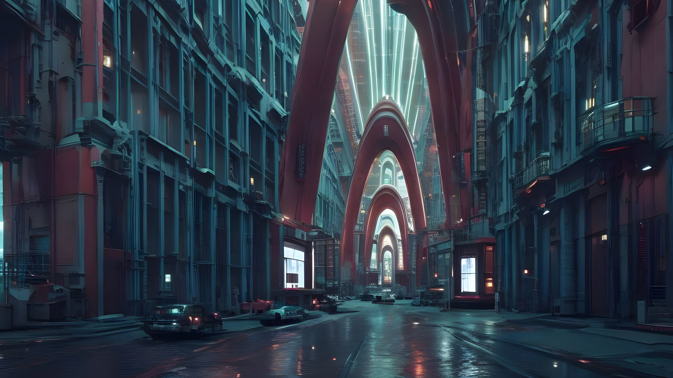 Futuristic city street at dusk with curved architecture and neon lights