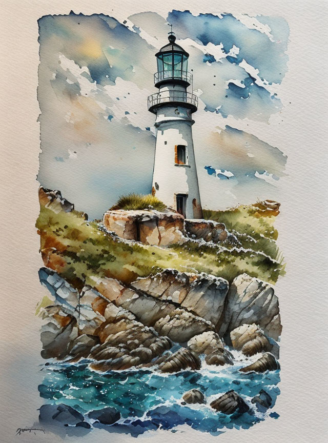 Traditional lighthouse on rugged cliffs with dynamic sky in watercolor.