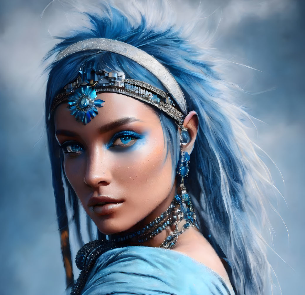 Portrait of woman with blue hair, jewel headpiece, and matching makeup
