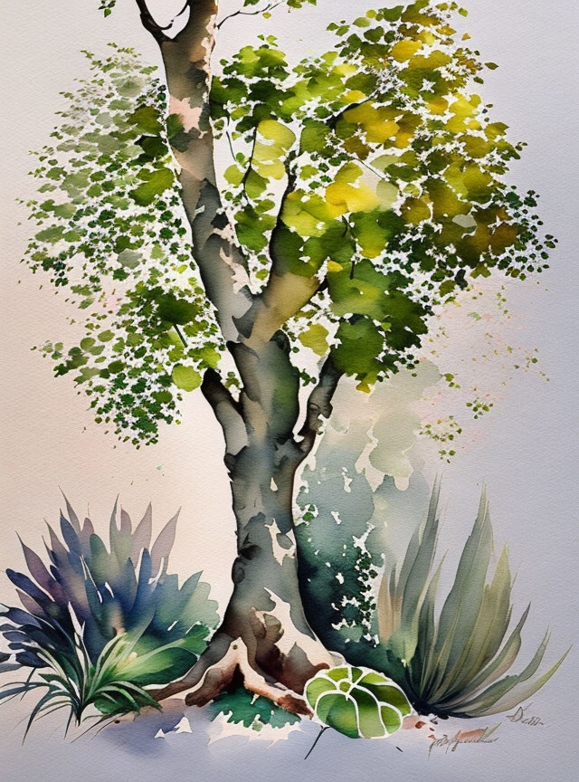 Tree Watercolor Painting: Green Foliage, Shadows, Detailed Shrubs