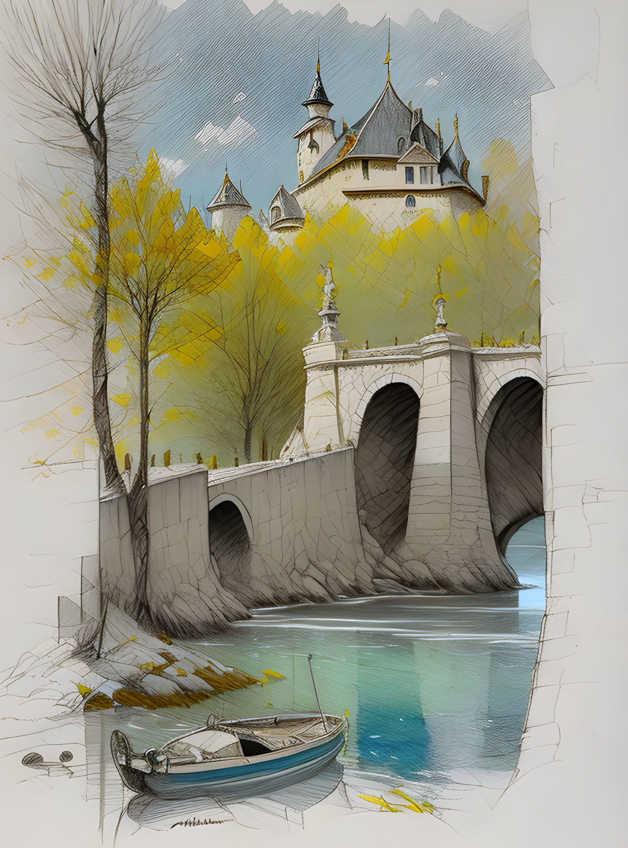 Castle on hill with stone bridge, autumn trees, boat by shore in sketched style