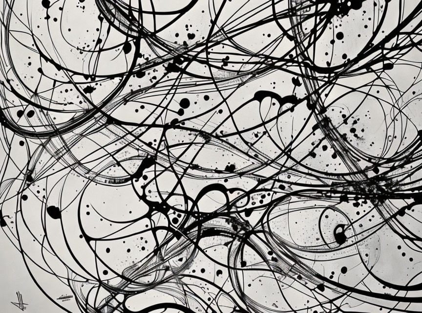 Abstract Black and White Painting with Dynamic Swirls and Splatters