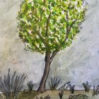 Tree Watercolor Painting: Green Foliage, Shadows, Detailed Shrubs