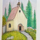 Tranquil watercolor: Cottage in lush greenery under cloudy sky