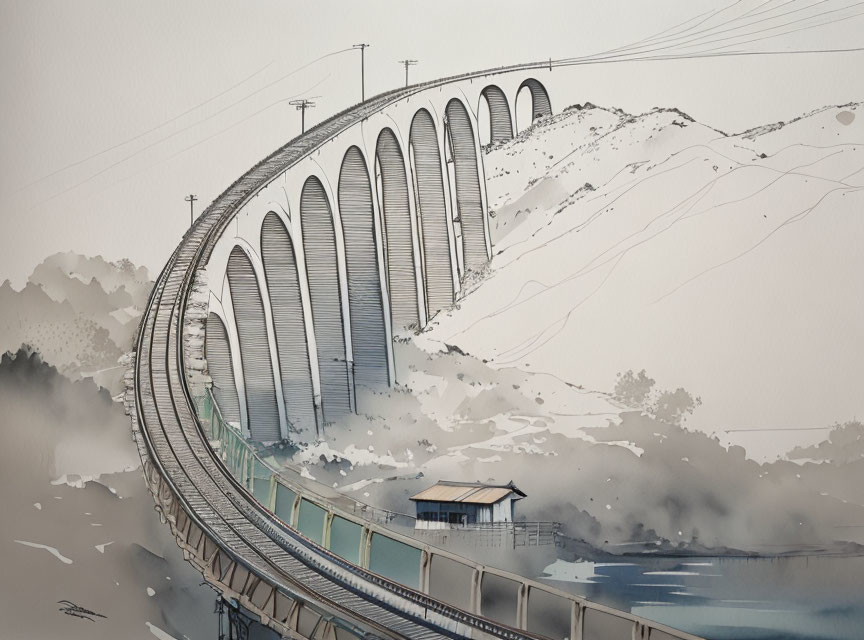 Curved viaduct with arches over misty landscape and train track