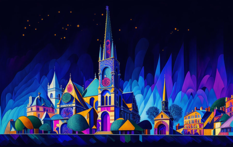 Fantastical church artwork with neon colors and whimsical buildings