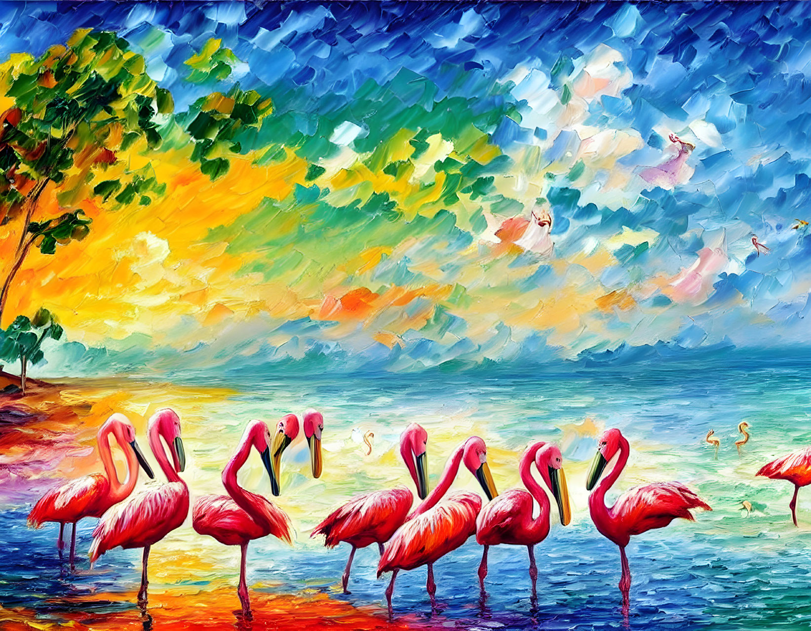 Colorful sunset painting featuring flamingos, trees, and birds by the seaside