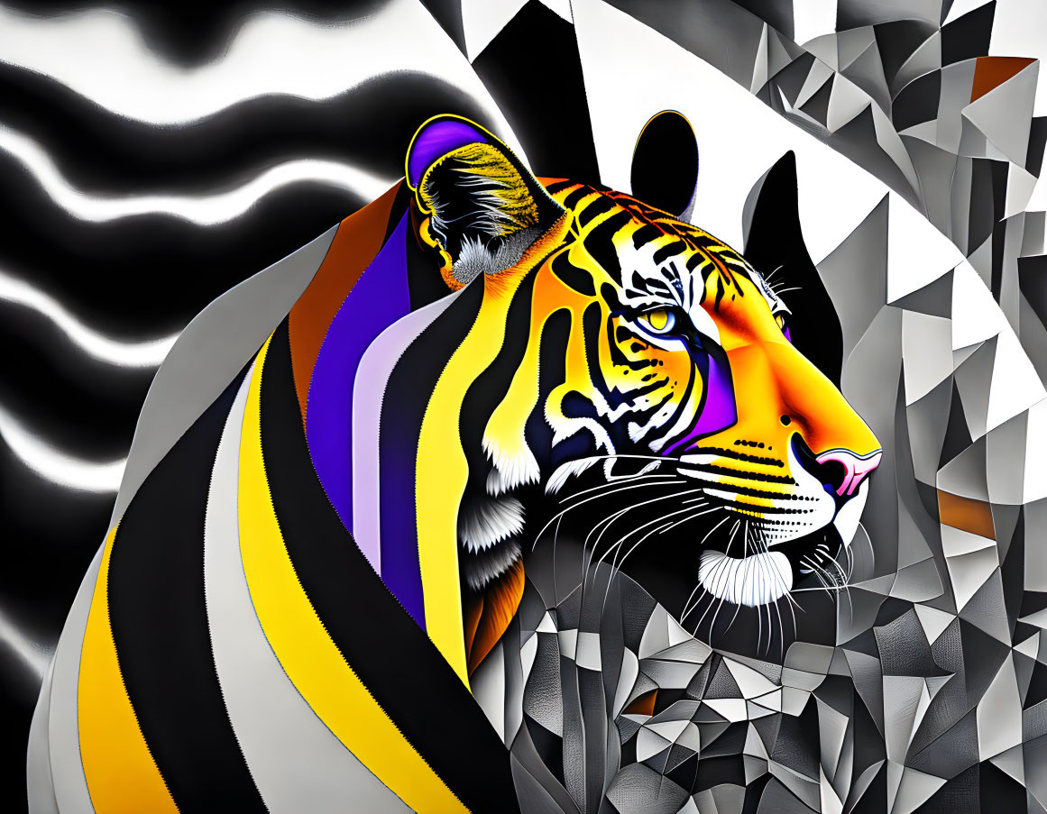 Colorful digital artwork: stylized tiger on abstract geometric backdrop